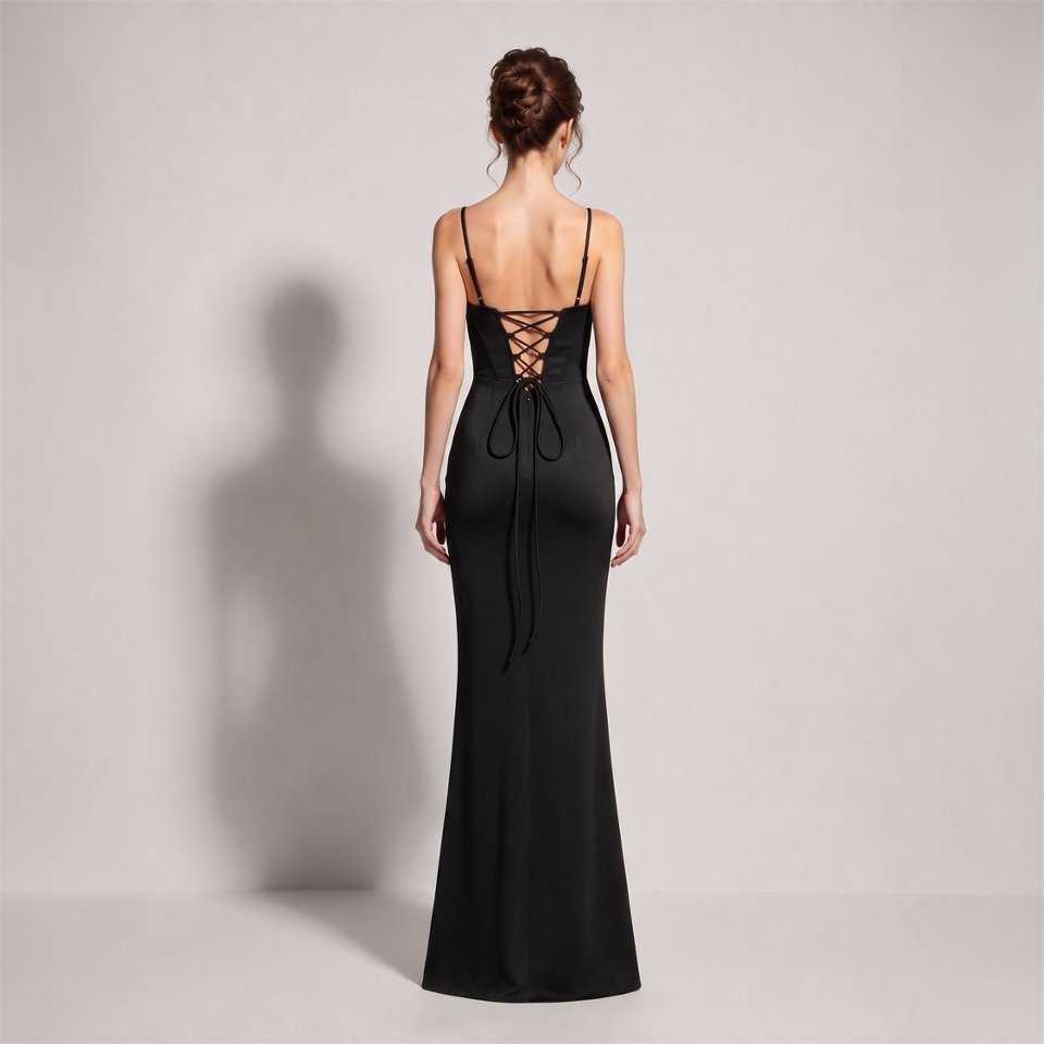 Spaghetti Ruched Corset Slit Evening Gown (Black) (Made To Order)