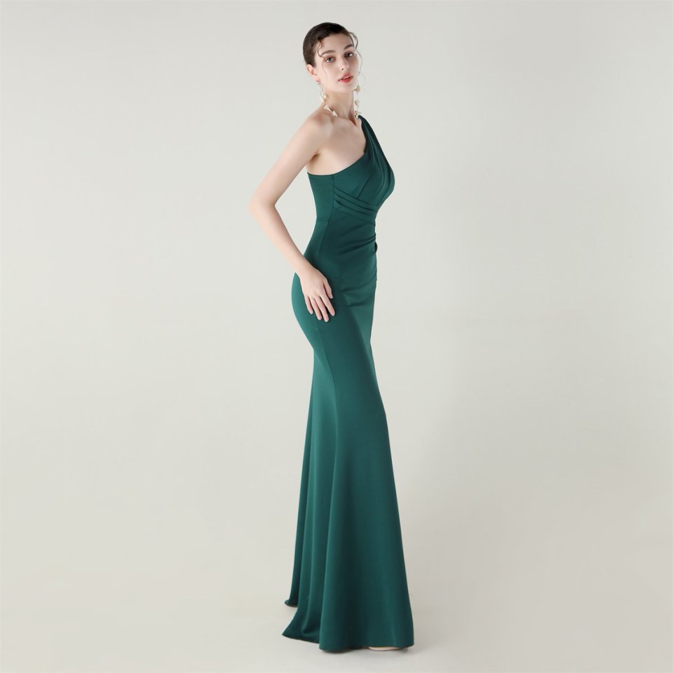 One Side Shoulder Pleated Evening Gown (Green) (Made To Order)