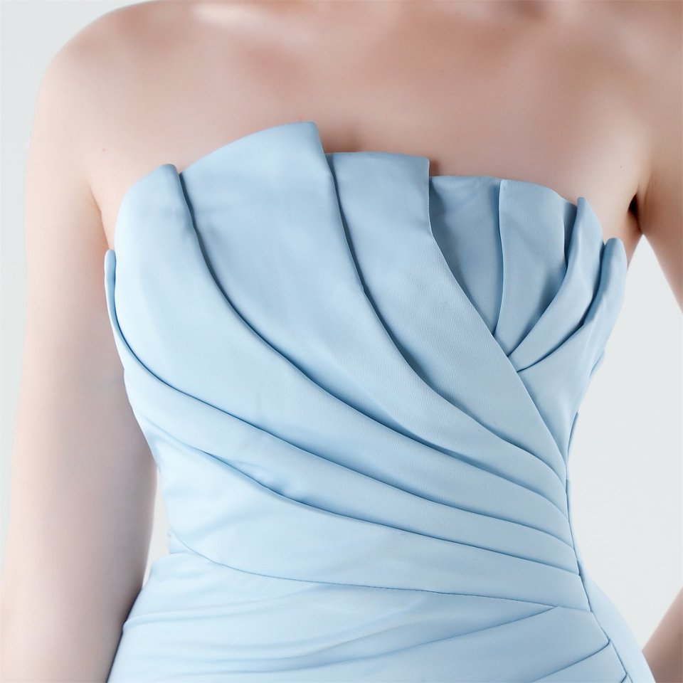 Strapless Pleated Layering Fitting Evening Gown (Light Blue) (Made To Order)