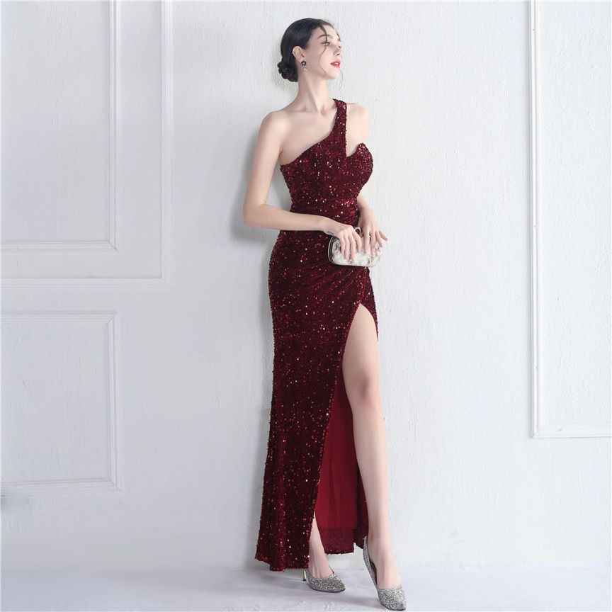 One Side Shoulder Sequins with Overlap Slit Evening Gowns (Burgundy) (Made To Order)