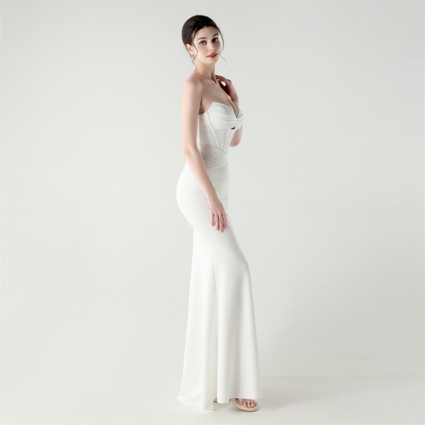 Strapless Pleated Corset Evening Gown (White) (Made To Order)