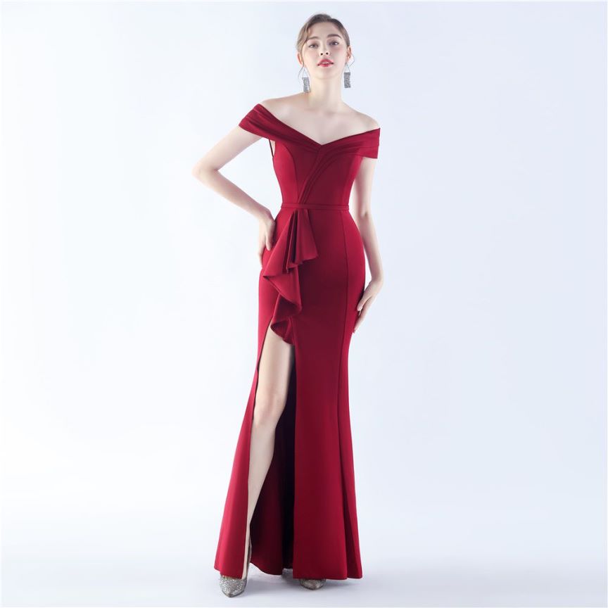 Off Shoulder Ruffles With Split Slit Evening Gown (Burgundy) (Made To Order)