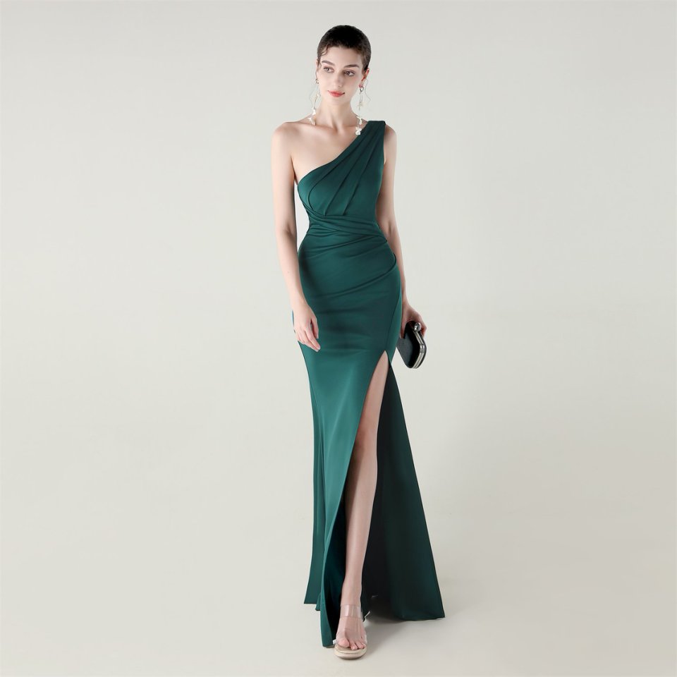 One Side Shoulder Pleated Evening Gown (Green) (Made To Order)