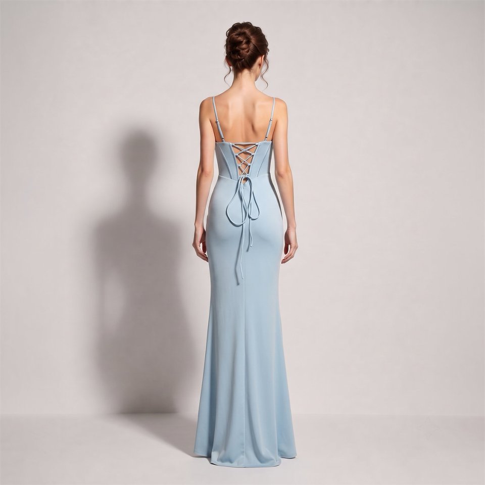 Spaghetti Ruched Corset Slit Evening Gown (Light Blue) (Made To Order)