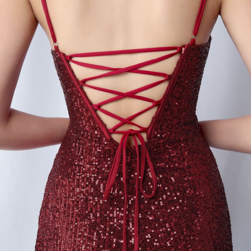 Glamorous Spaghetti Sequins Evening Gown Maroon) (Made To Order)