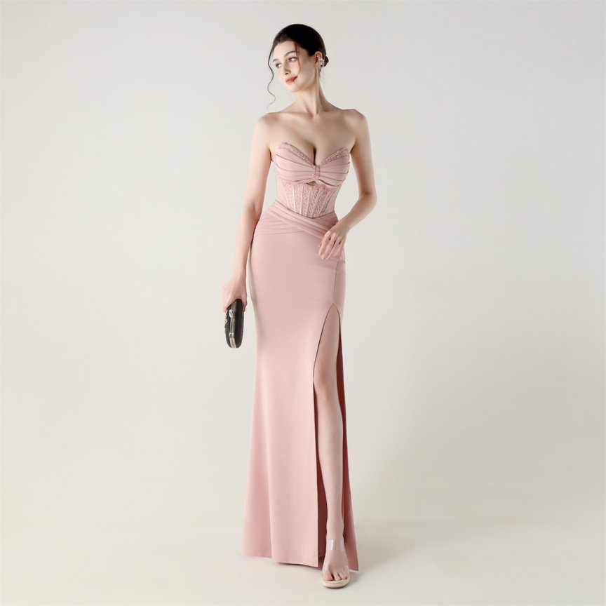 Strapless Rhine Stones Pleated Corset Evening Gown (Pink) (Made To Order)