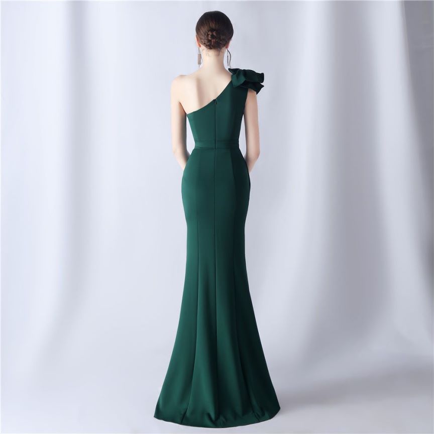 Glamorous One Side Shoulder with Overlap Slit Evening Dress (Green) (Made To Order)