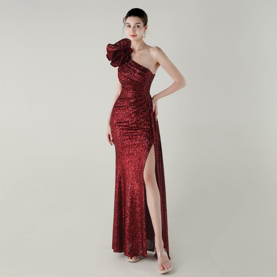 Gorgeous One Side Shoulder Pleated Sequins Evening Gown (Red) (Made To Order)