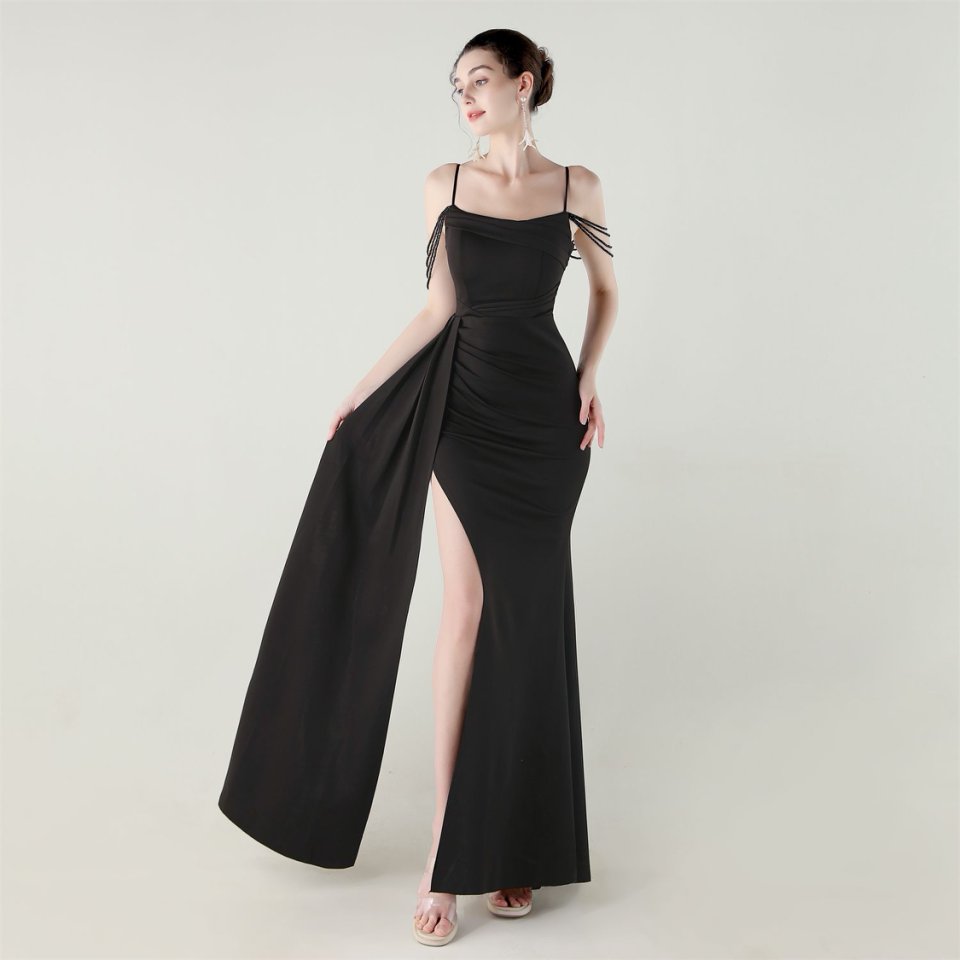 Crystal Beads Spaghetti Pleated Waist Evening Gown (Black) (Made To Order)