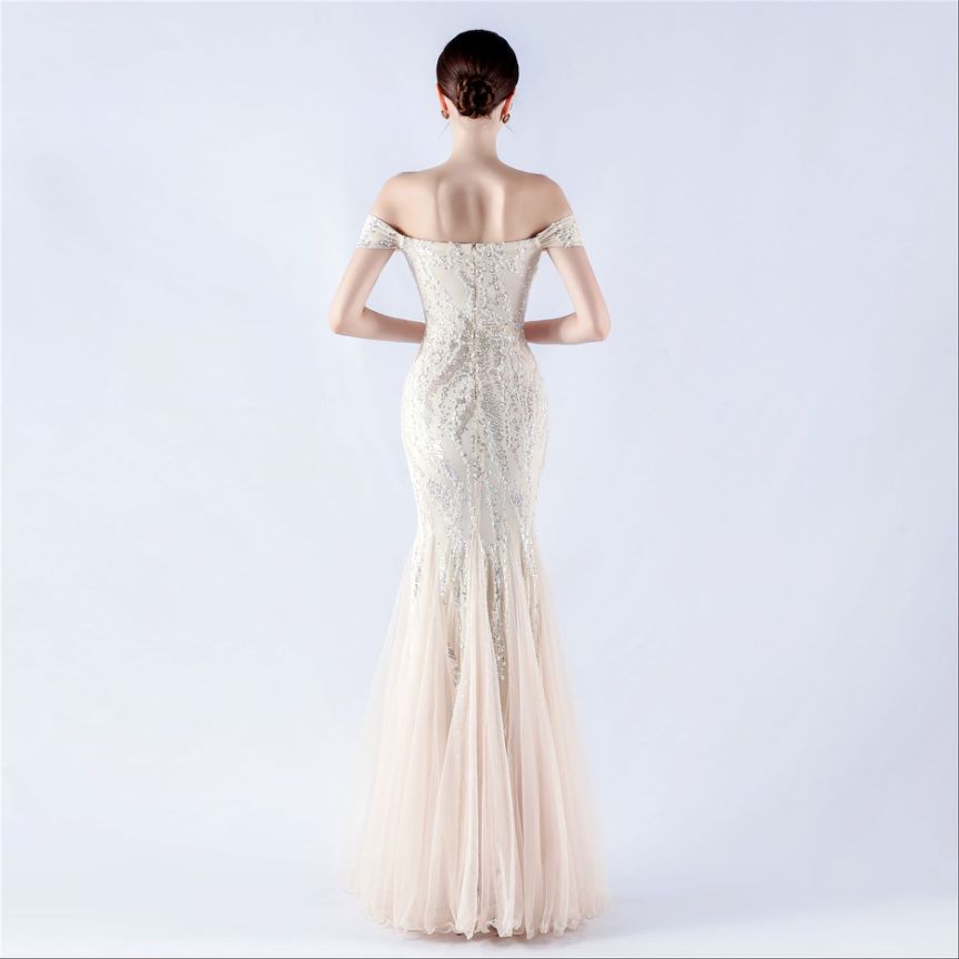 Off Shoulder Sequins Tulle Evening Gown (Silver) (Made To Order)