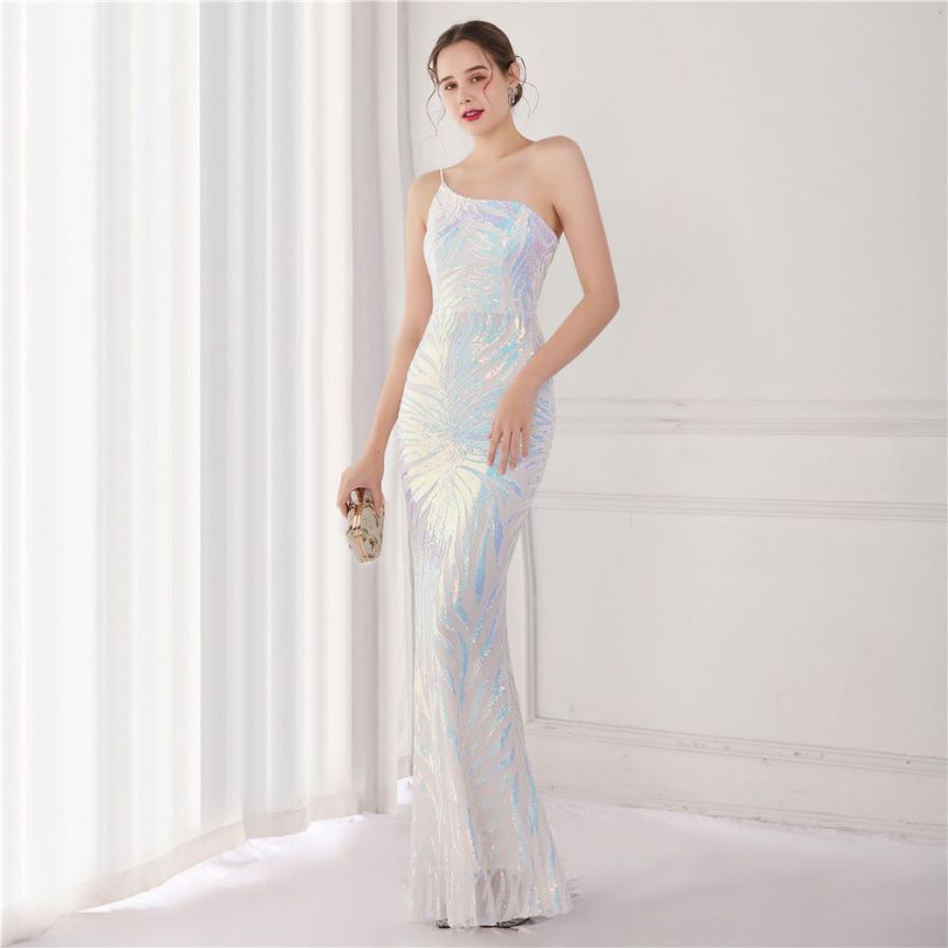 One Side Sling Shoulder Sequins Mermaid Gown (White) (Made To Order)