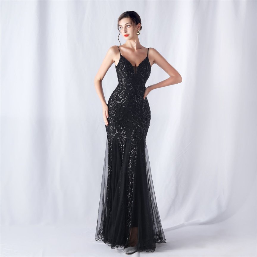 Spaghetti Sequins White Gown with Tulle Skirt Evening Gown (Black) (Made To Order)