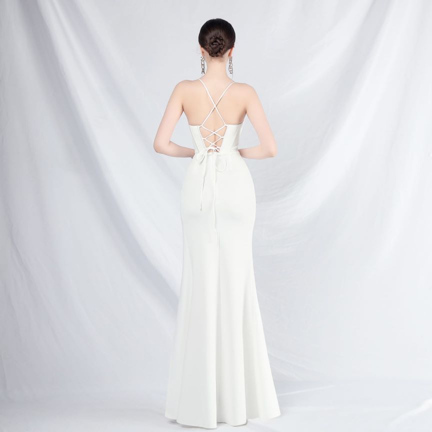 Spaghetti Back Cross Overlap Slit Evening Gown (Made To Order) (White)