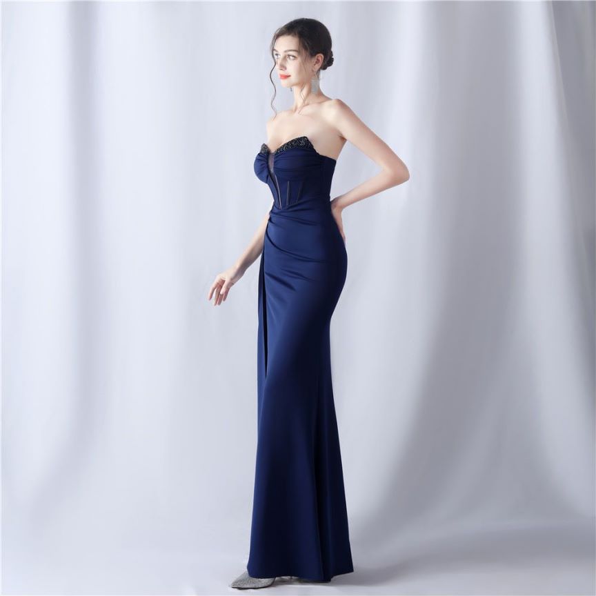 Strapless Sexy Corset With Side Split Evening Gown (Navy Blue) (Made To Order)