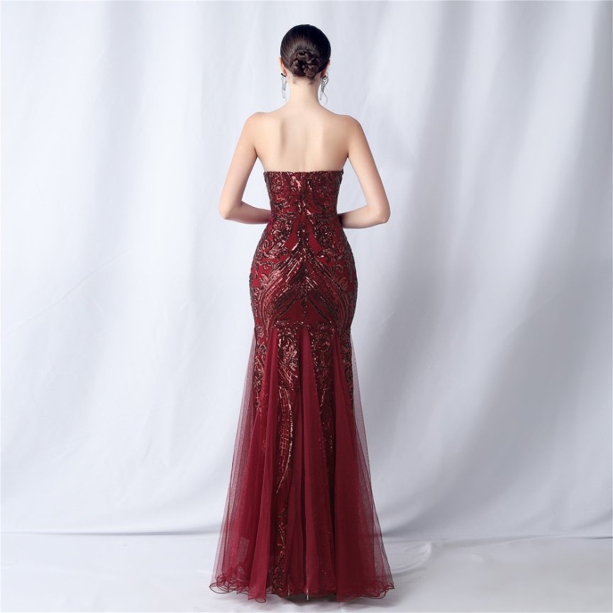 Strapless Sequins Frills Evening Gown (Maroon) (Made To Order)