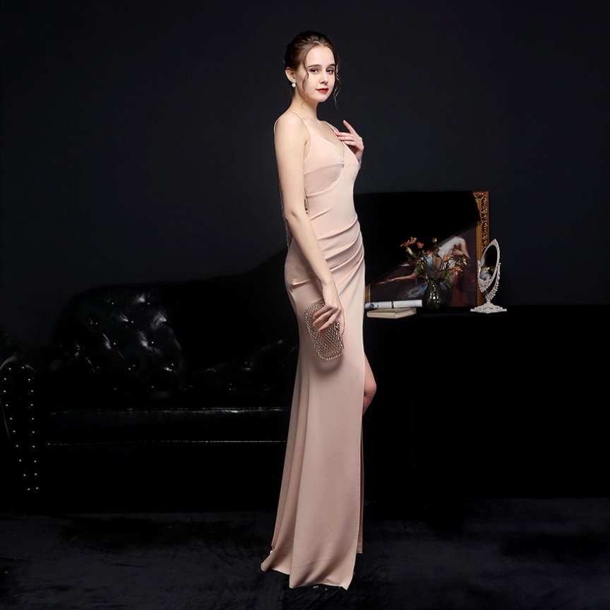 Spaghetti V Neck With Back Chain Evening Gown (Beige) (Made To Order)
