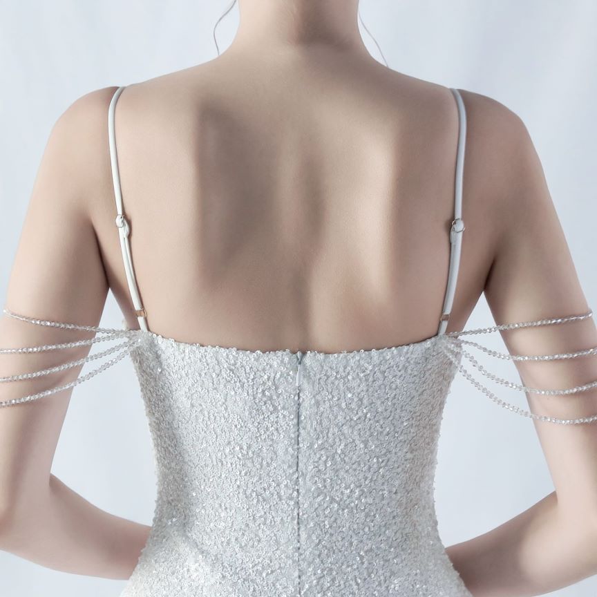 Spaghetti Padded Sequins Slit Gown (White) (Made To Order)