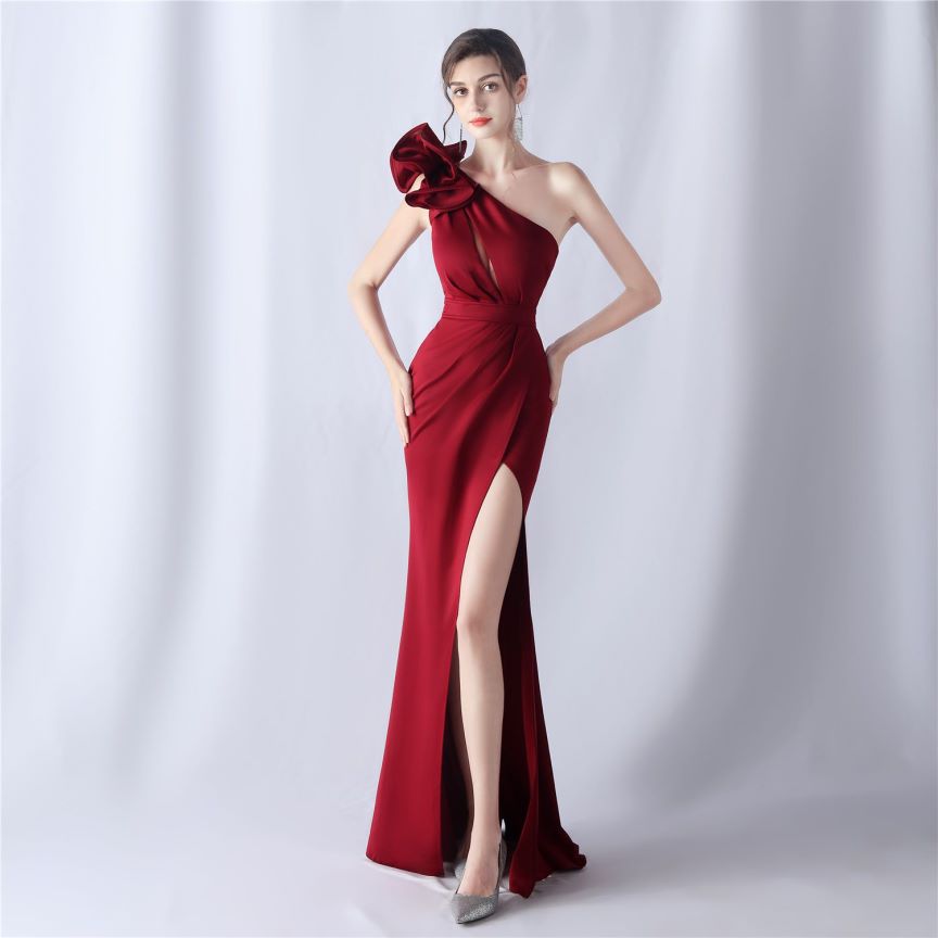Glamorous One Side Shoulder with Overlap Slit Evening Dress (Maroon) (Made To Order)
