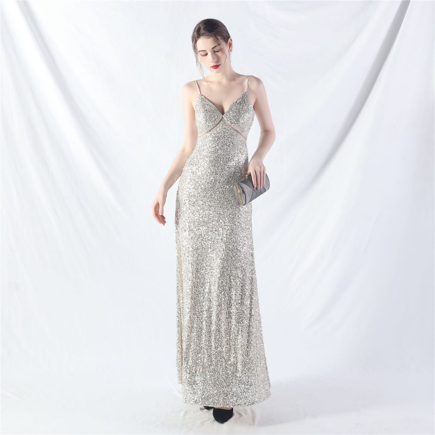 Elegant Stretch Spaghetti Sequins A-Line Evening Gown (Silver) (Made To Order)