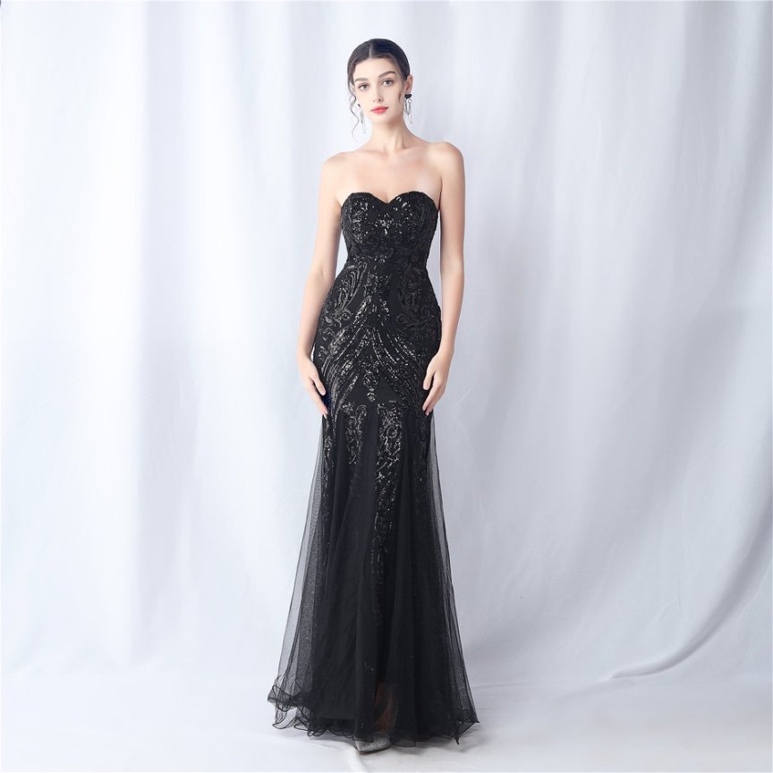 Strapless Sequins Frills Evening Gown (Black) (Made To Order)