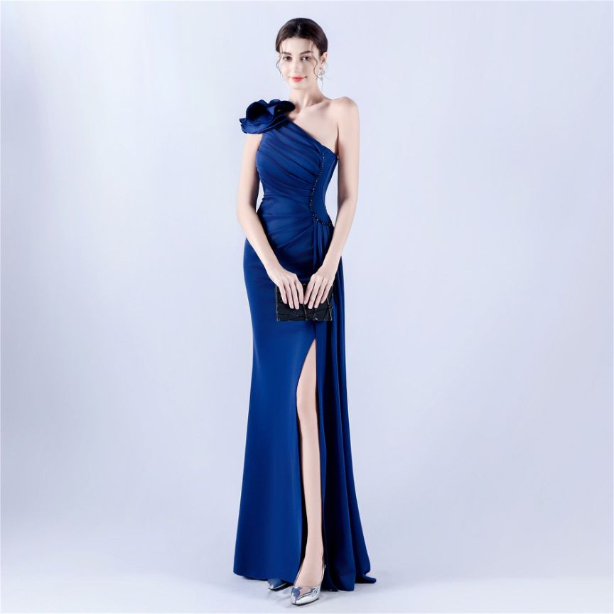 Gorgeous One Side Shoulder Evening Gown (Navy Blue) (Made To Order)