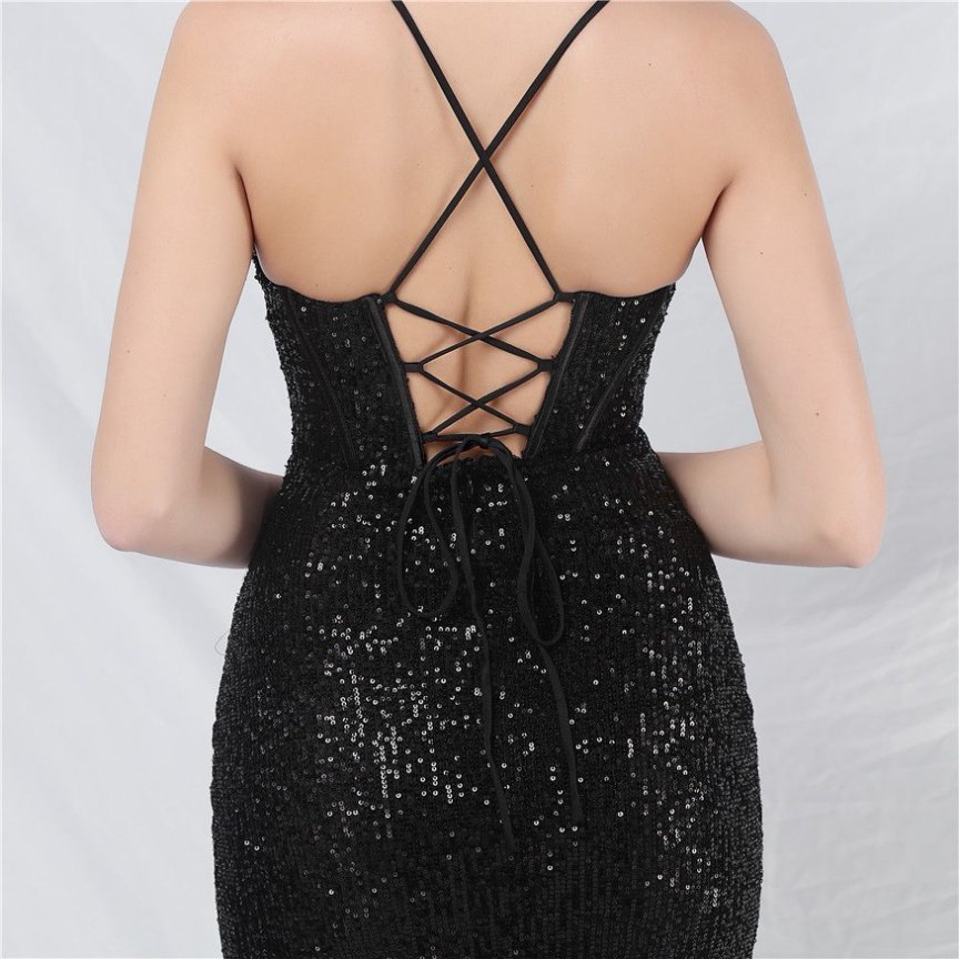 Sequins Back Cross with Overlap Slit Evening Gown (Black) (Made To Order)