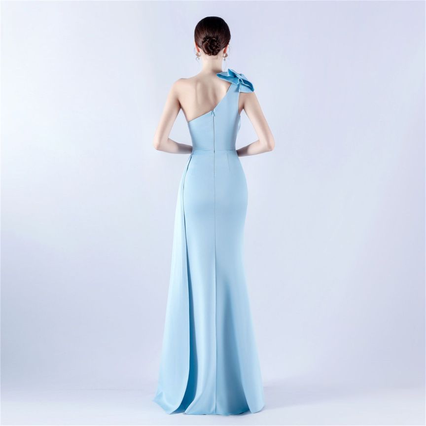 Gorgeous One Side Shoulder Evening Gown (Light Blue) (Made To Order)