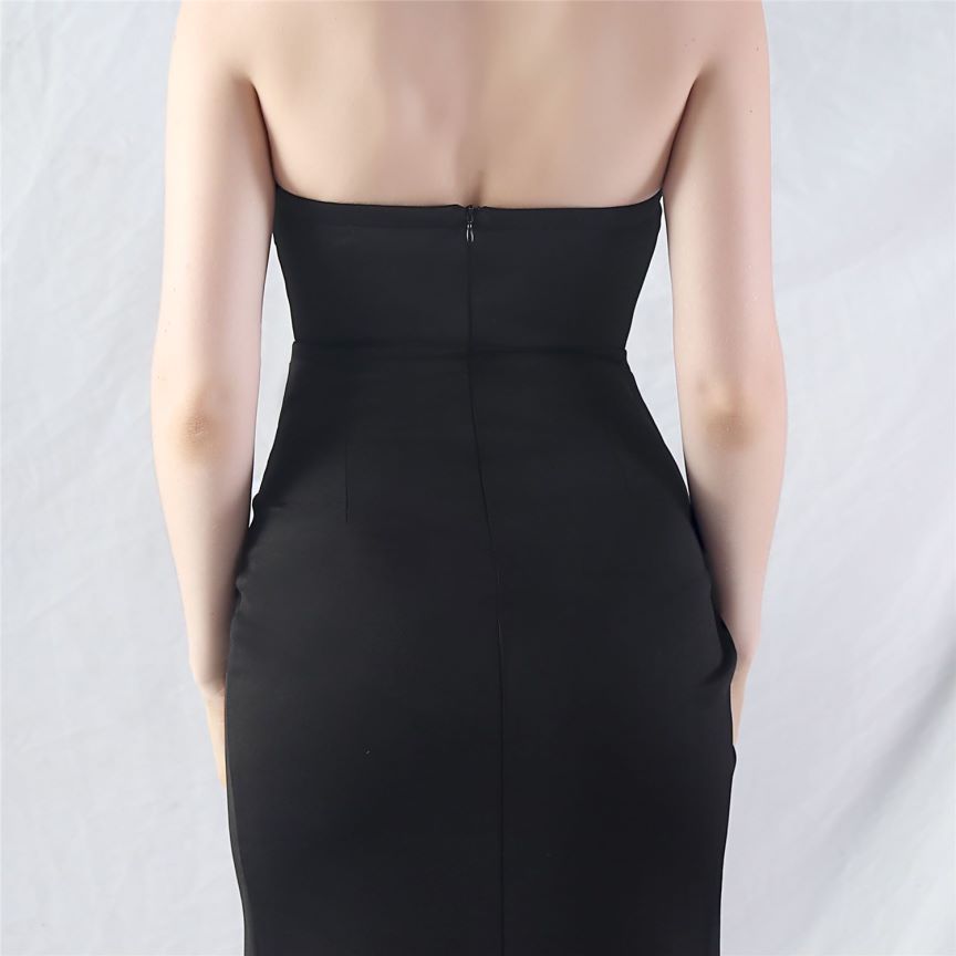 Strapless Crystal Beads Corset Overlap Slit Evening Gown (Black) (Retail)