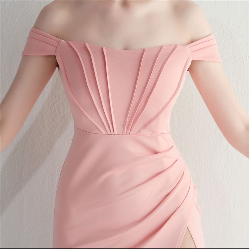 Off Shoulder Fitted with Overlap Slit Evening Gown (Pink) (Made To Order)