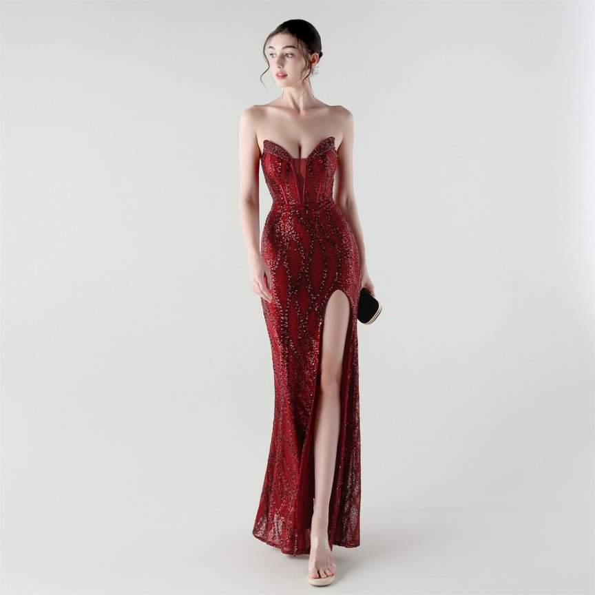 Strapless Sequins High Slit Evening Gown (Red) (Made To Order)