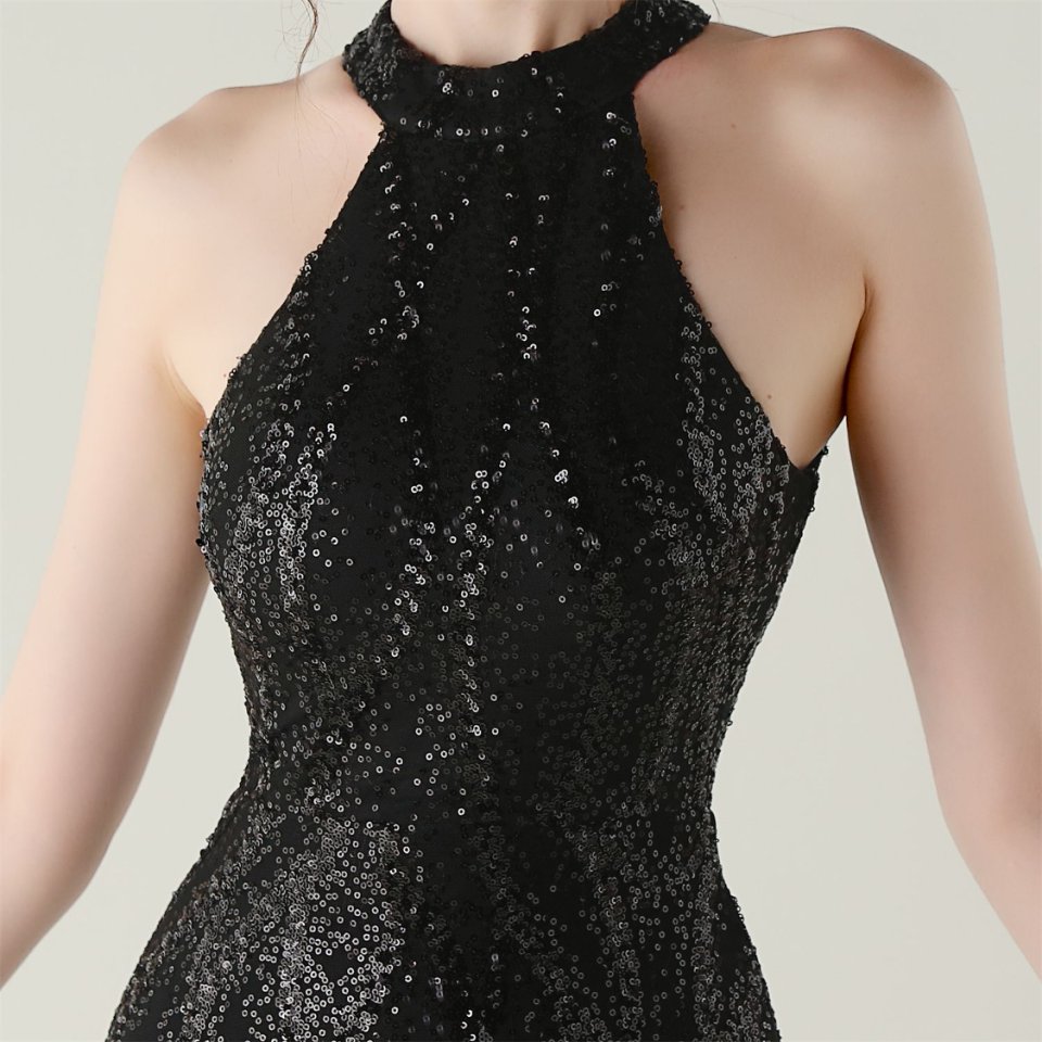 Halter Neck Sequins Backless Fitted Evening Gown (Black) (Made To Order)