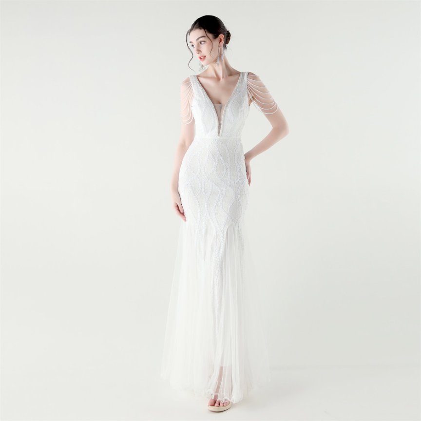 Fashion Crystal Beads with Splits Tail Evening Gown (White) (Made To Order)