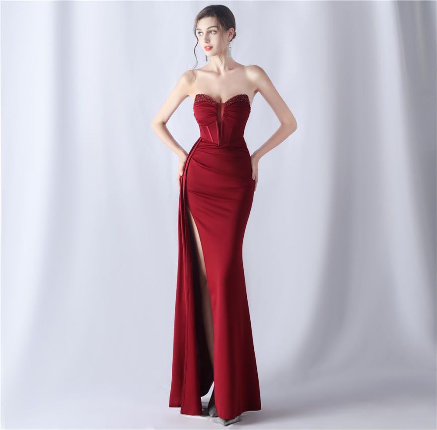 Strapless Sexy Corset With Side Split Evening Gown (Maroon) (Made To Order)