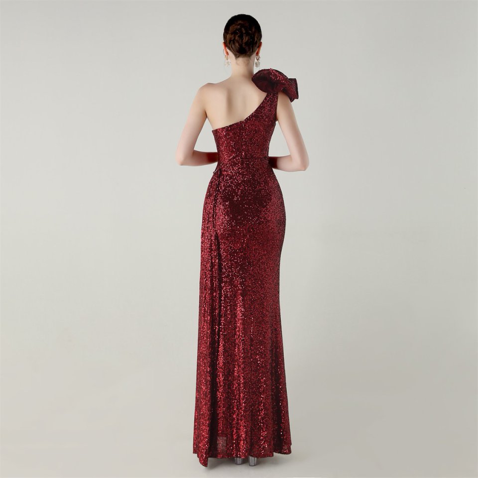Gorgeous One Side Shoulder Pleated Sequins Evening Gown (Red) (Made To Order)