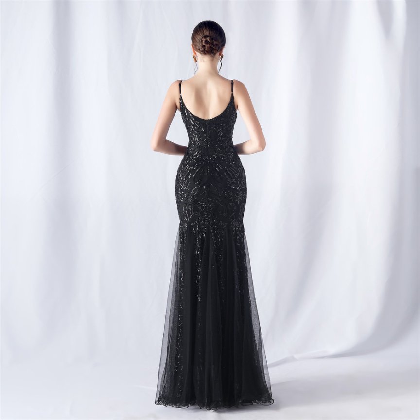 Spaghetti Sequins White Gown with Tulle Skirt Evening Gown (Black) (Made To Order)