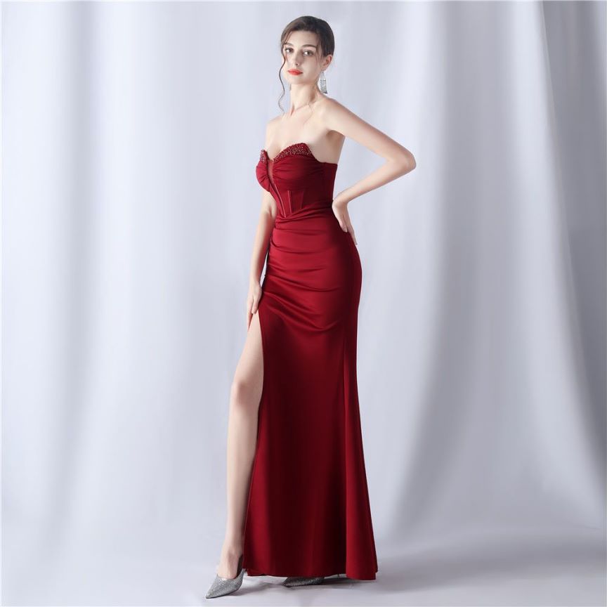 Strapless Sexy Corset With Side Split Evening Gown (Maroon) (Made To Order)