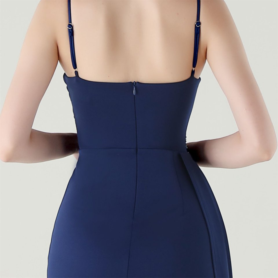 Spaghetti Pleated Waist Evening Gown (Navy Blue) (Made To Order)