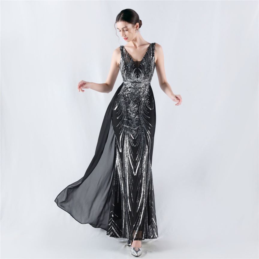 Gorgeous Back Crystal Beads Sequins Mermaid Cape Skirt Gown (Black Silver) (Made To Order)