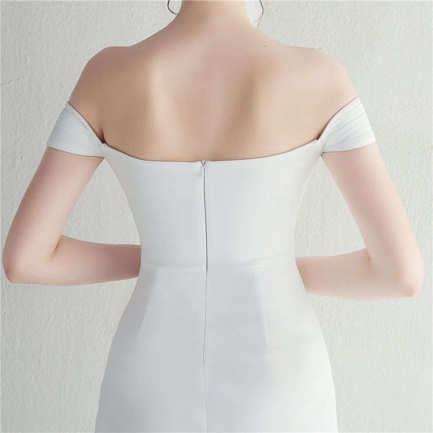Off Shoulder Fitted with Overlap Slit Evening Gown (White) (Made To Order)