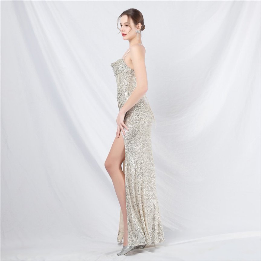 Sequins Back Cross with Overlap Slit Evening Gown (Silver) (Made To Order)