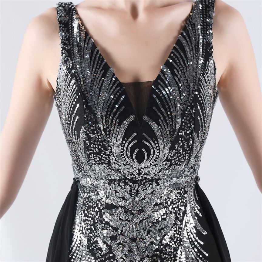 Gorgeous Back Crystal Beads Sequins Mermaid Cape Skirt Gown (Black Silver) (Made To Order)