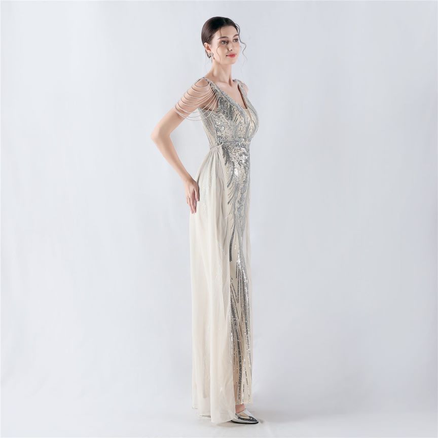 Elegant Crystal Beads Sequins Mermaid Cape Skirt Gown (Silver) (Made To Order)