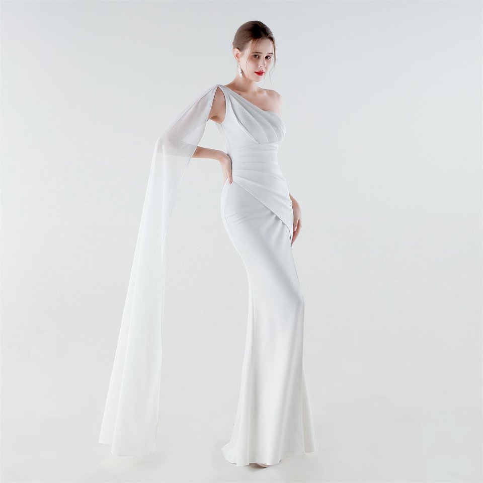 One Side Shoulder with Cape Scarf (White) (Make To Order)