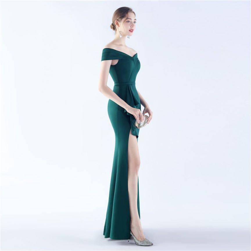 Off Shoulder Ruffles With Split Slit Evening Gown (Green) (Made To Order)