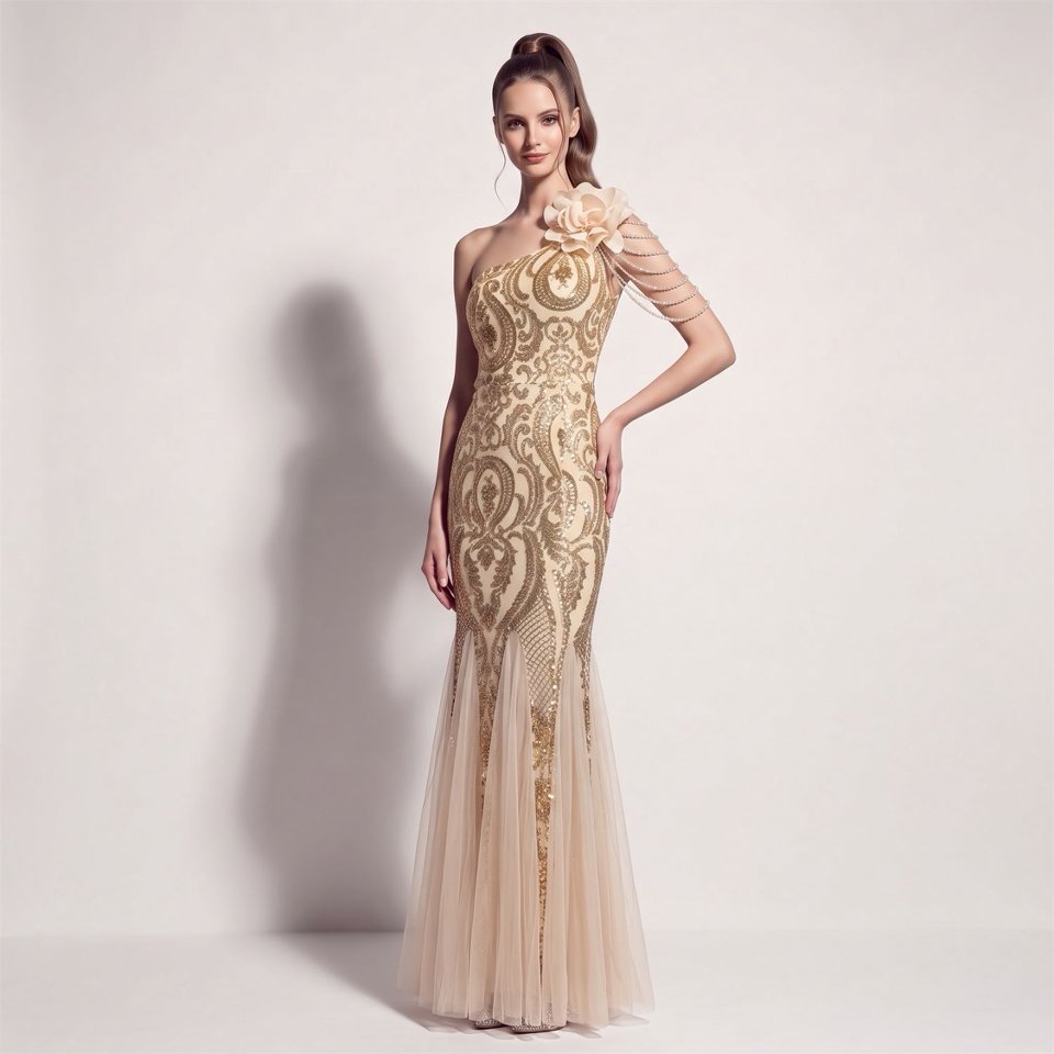 One Side Shoulder Flowering with Crystal Beads Evening Gown (Gold) (Made To Order)