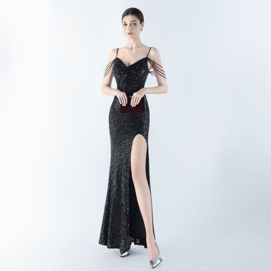 Spaghetti Padded Sequins Slit Gown (Black) (Made To Order)