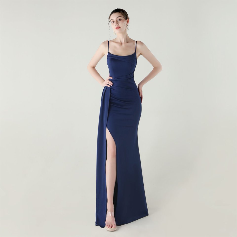 Spaghetti Pleated Waist Evening Gown (Navy Blue) (Made To Order)