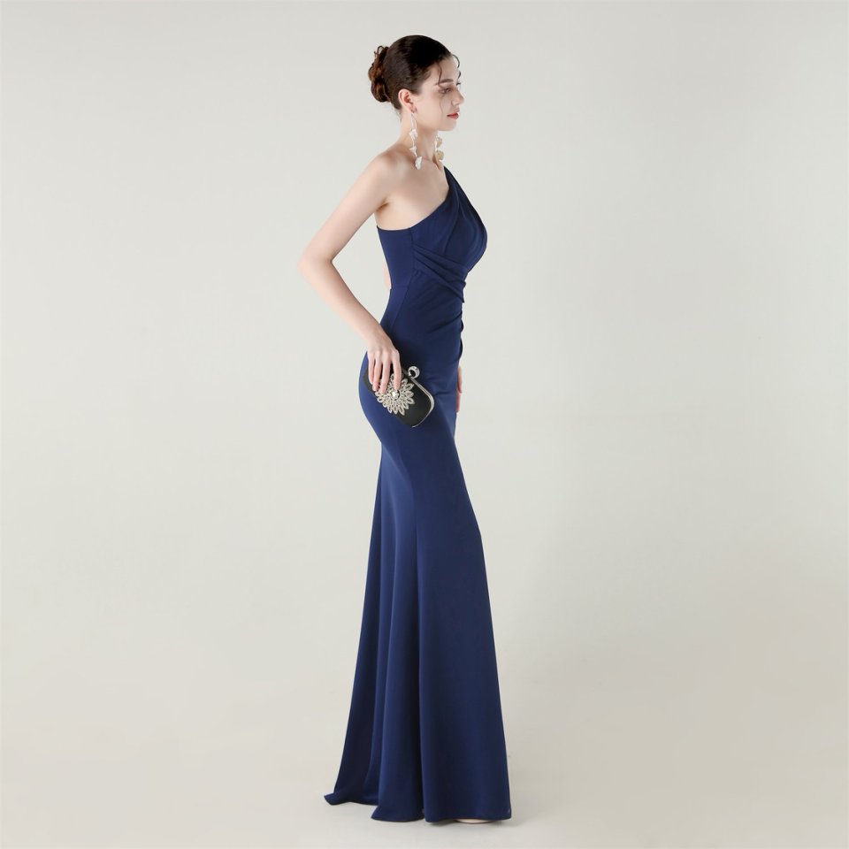 One Side Shoulder Pleated Evening Gown (Navy Blue) (Made To Order)