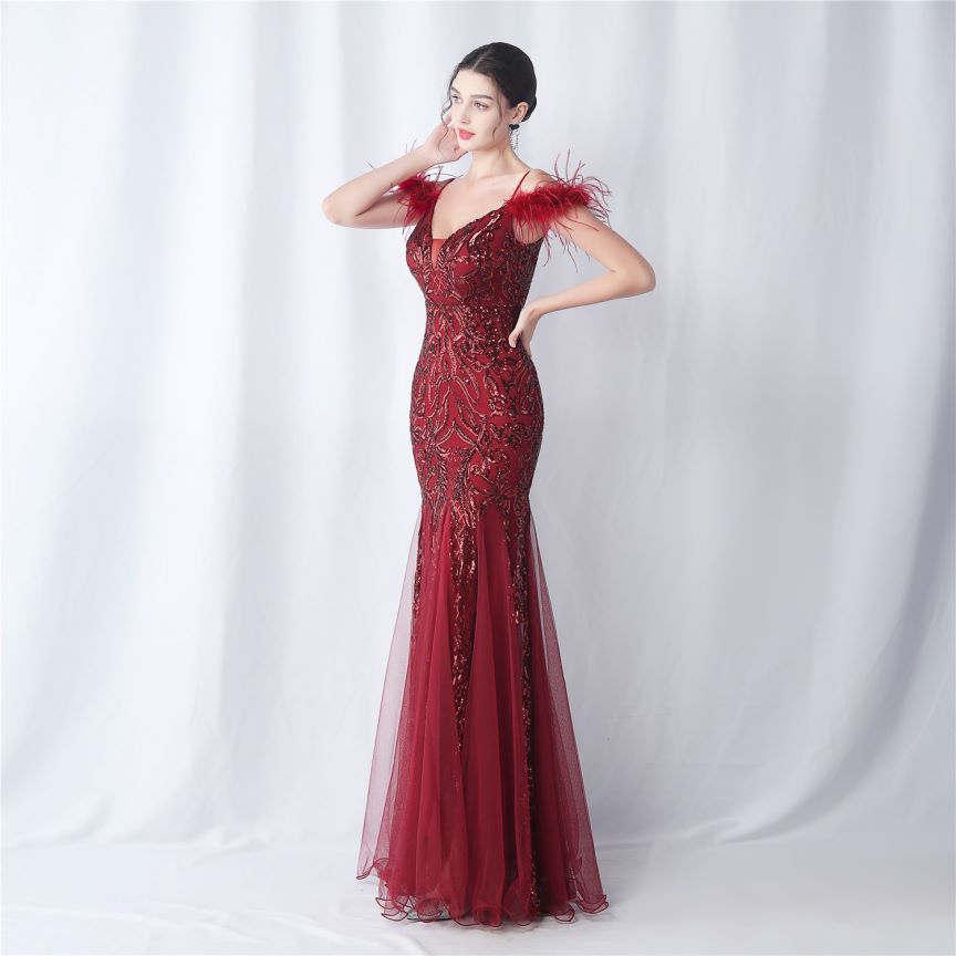Cold Shoulder Feather Sequins Evening Gown (Burgundy) (Made To Order)