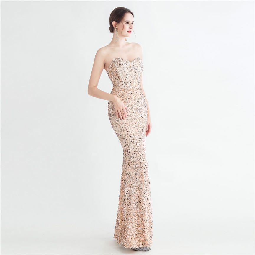 Strapless Corset Sequins with High Slit (Gold) (Made To Order)